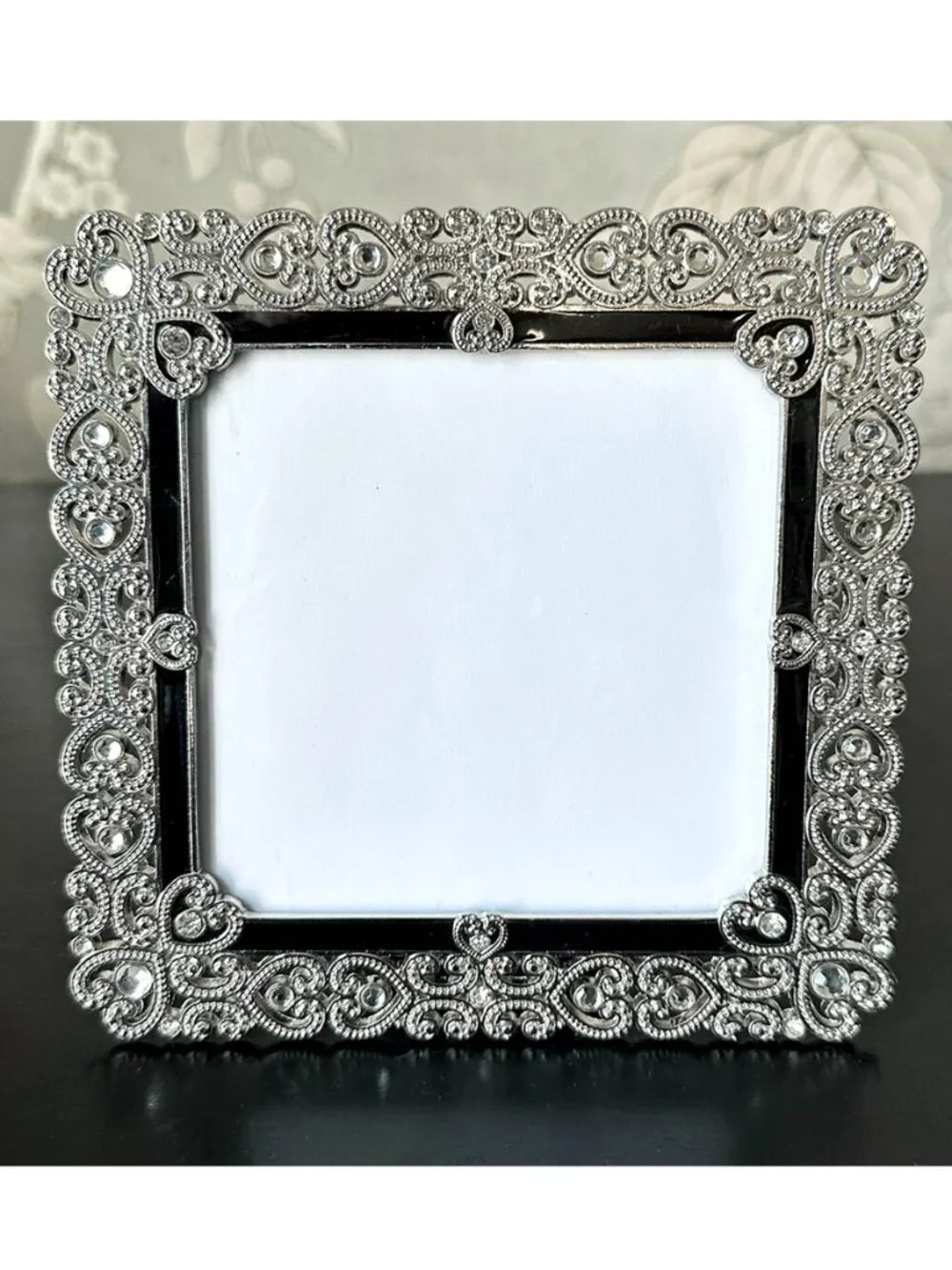 Vintage Two's Company Jeweled Filigree Heart Picture Frame Black Enamel Square